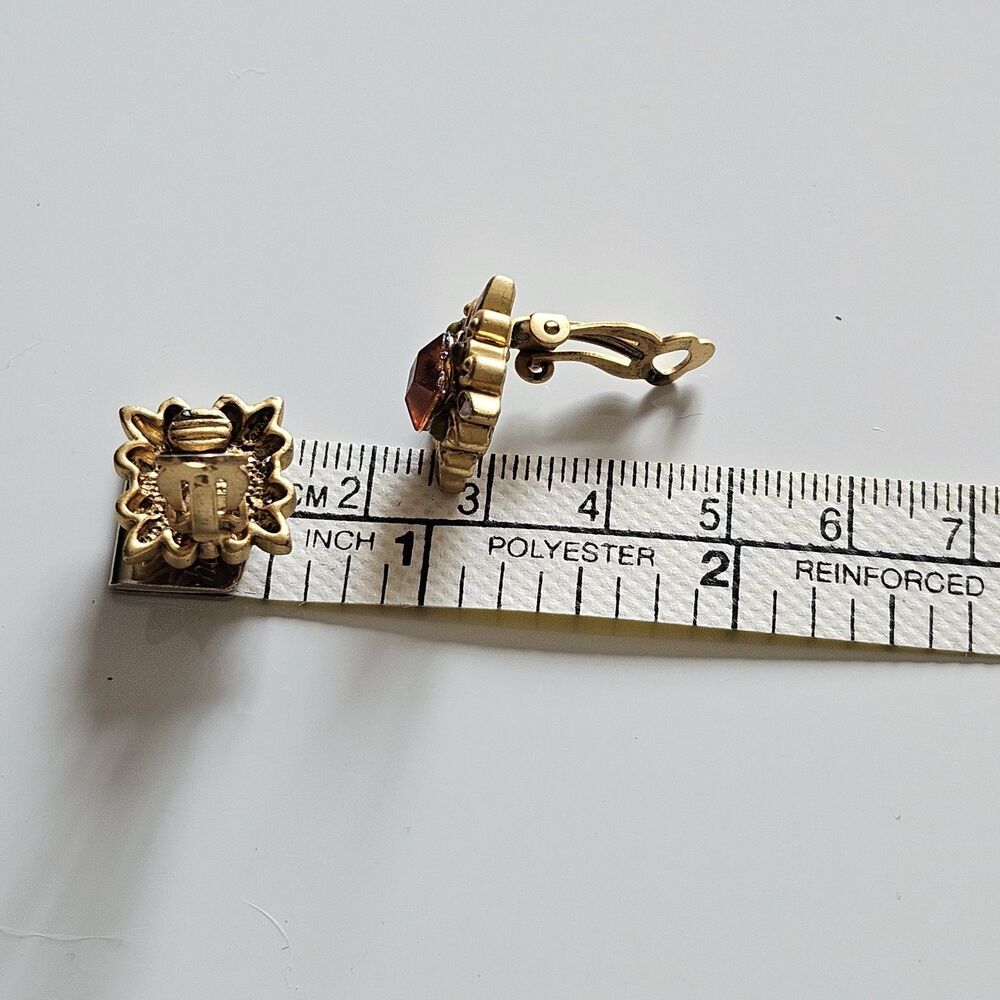 Vintage Gold Tone Orange Rhinestone Green Accent Clip On Earrings - Picture 5 of 8